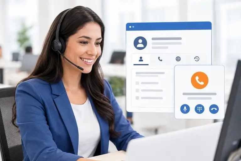 Vendedora usando Telefonia para Ploomes diretamente no cadastro do cliente