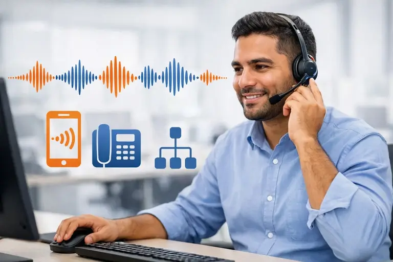 Profissional testando Geração de Voz por Texto com headset e áudio